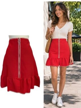 Sandro Paris Red Ruffle Hem Zip Front Skirt Size 8/10